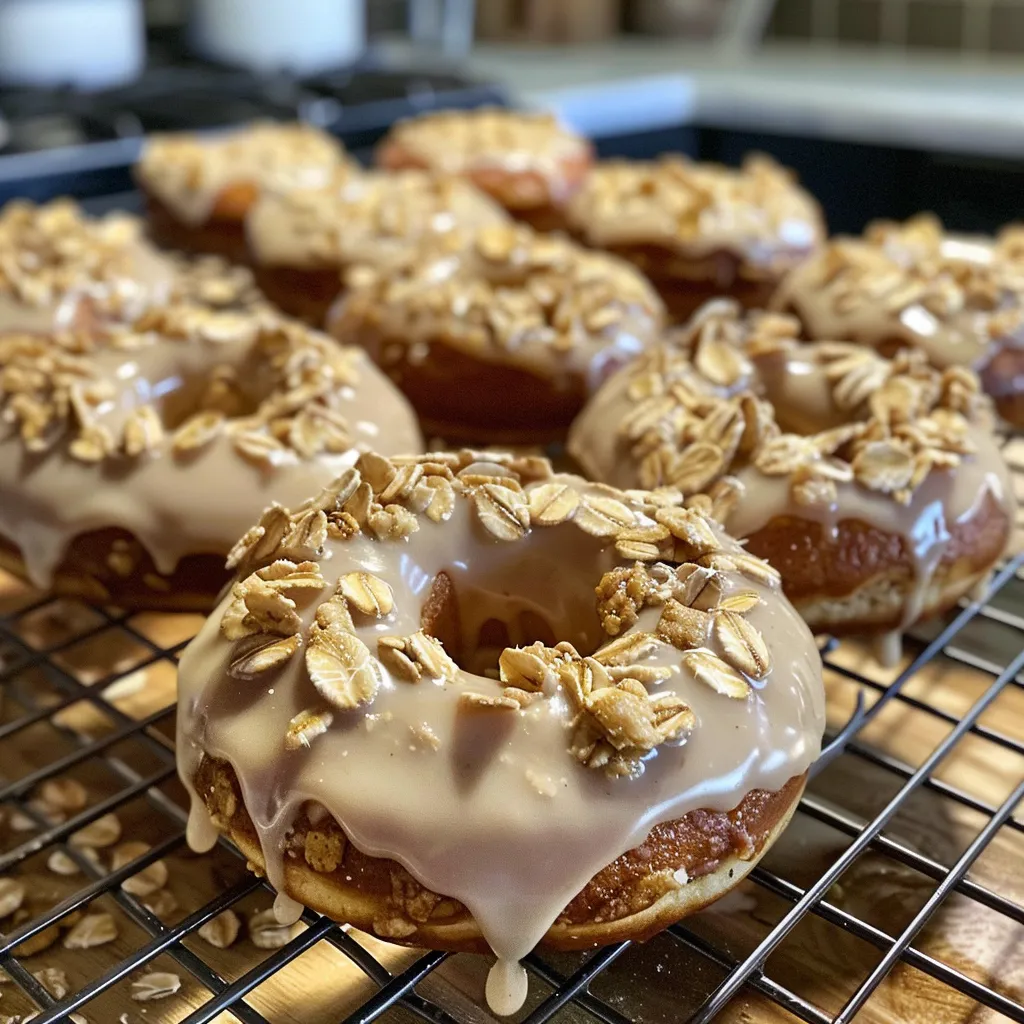 Side view of a stack of freshly baked Banana Oat Donuts, showcasing their moist surface.