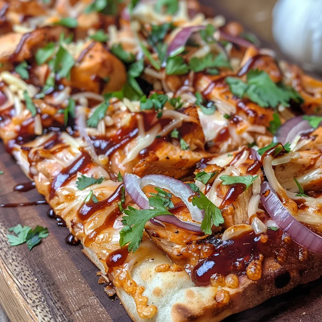 Side view of BBQ Chicken Flatbread garnished with fresh cilantro and red onion.