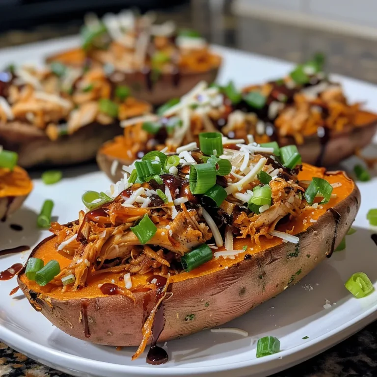 Close-up view of BBQ Chicken Stuffed Sweet Potatoes, showcasing melted cheese and toppings.