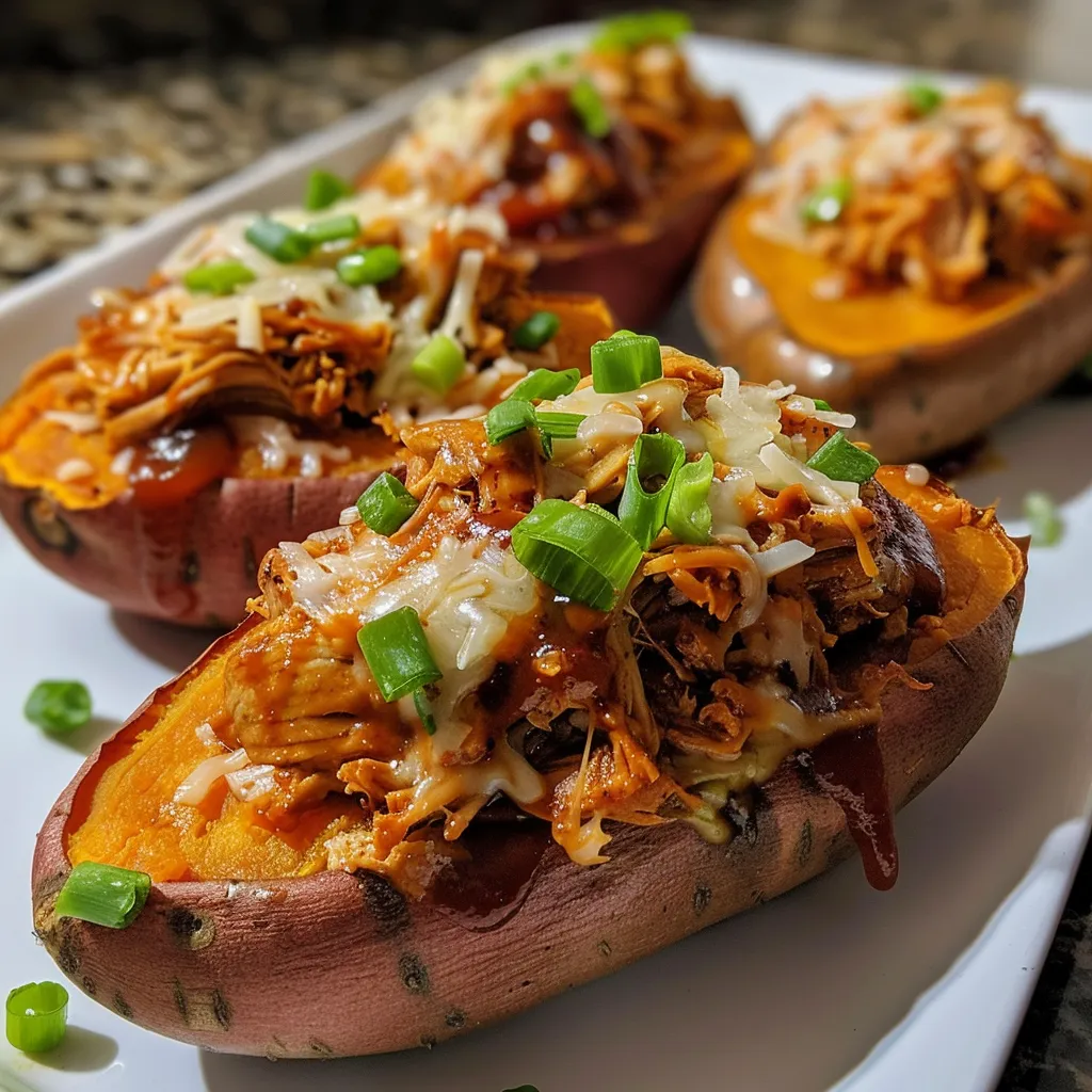 Side perspective of sweet potatoes filled with BBQ chicken and garnished with green onions.