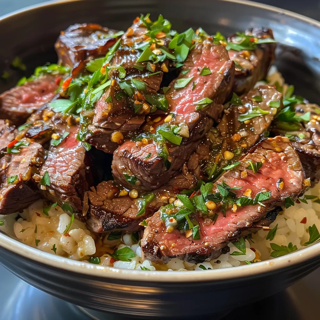 A side view of a bowl filled with tender beef, garlic butter, and garnished with parsley.