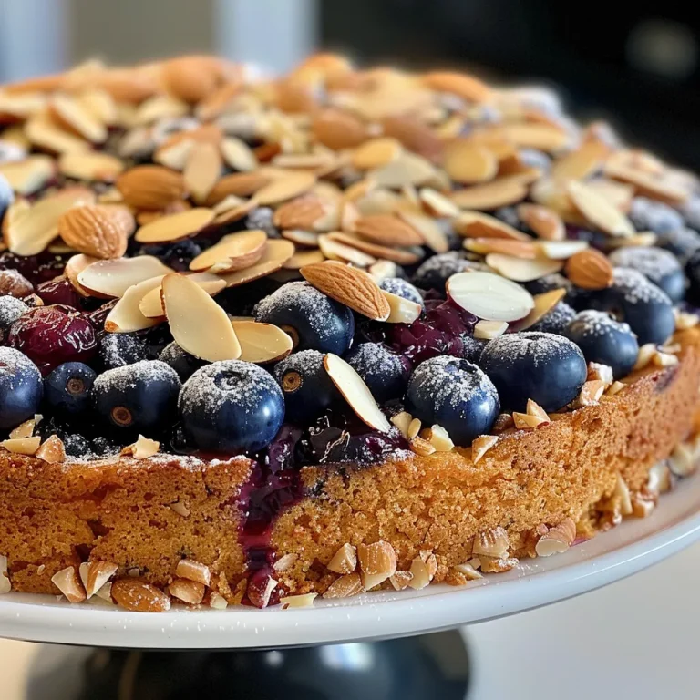 Close-up side view of a moist blueberry almond cake topped with fresh blueberries and slivered almonds.
