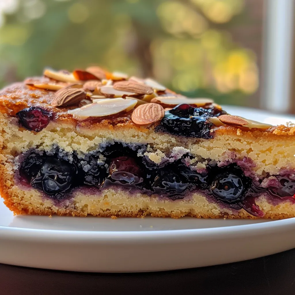 A slice of blueberry almond cake showcasing the texture and ingredients, with blueberries and almond slivers on top.