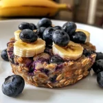 A side view of baked oatmeal cups filled with blueberries and bananas.