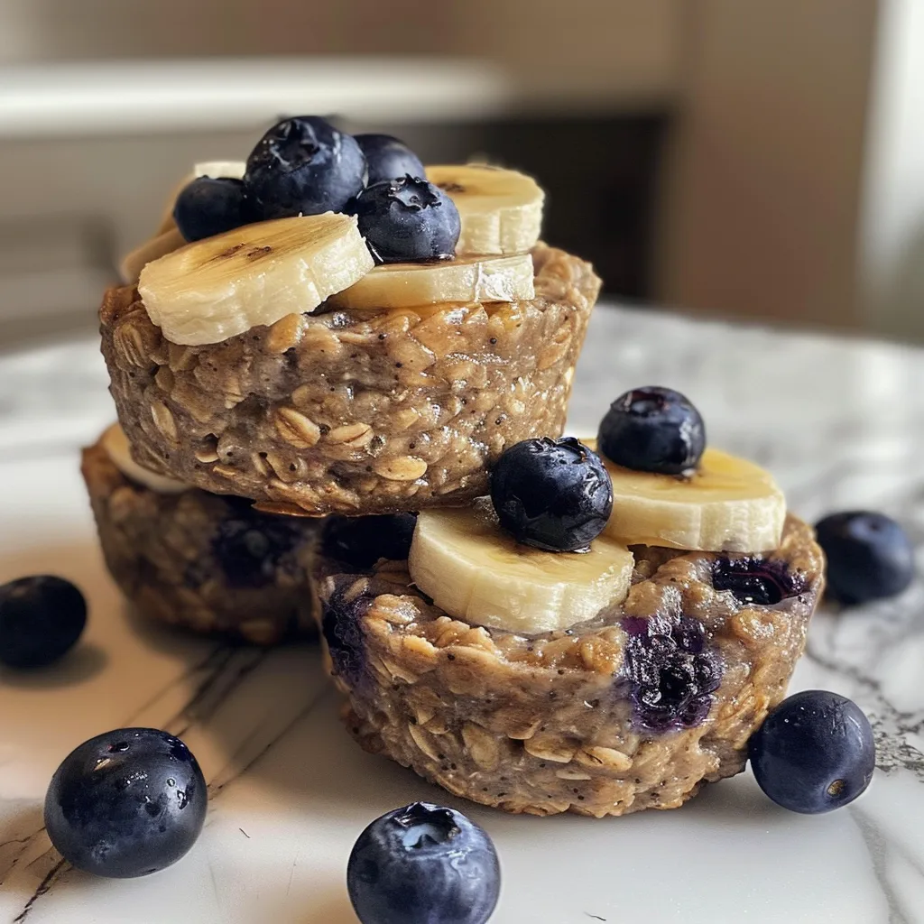 Close-up of golden-brown oatmeal cups topped with fresh blueberries and banana slices.