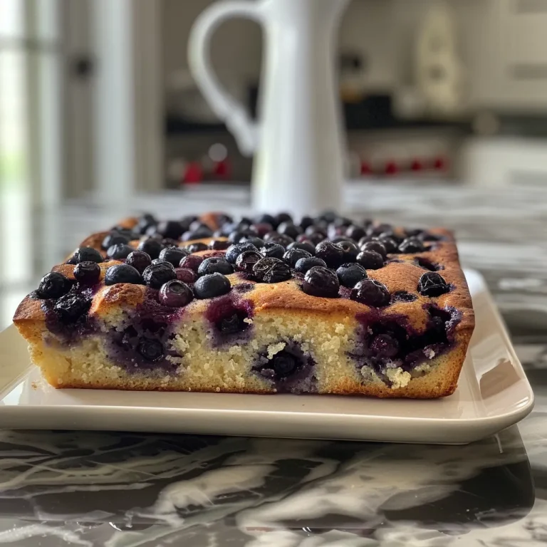 A close-up view of a sliced Blueberry Breakfast Cake showcasing juicy blueberries and a golden crust.