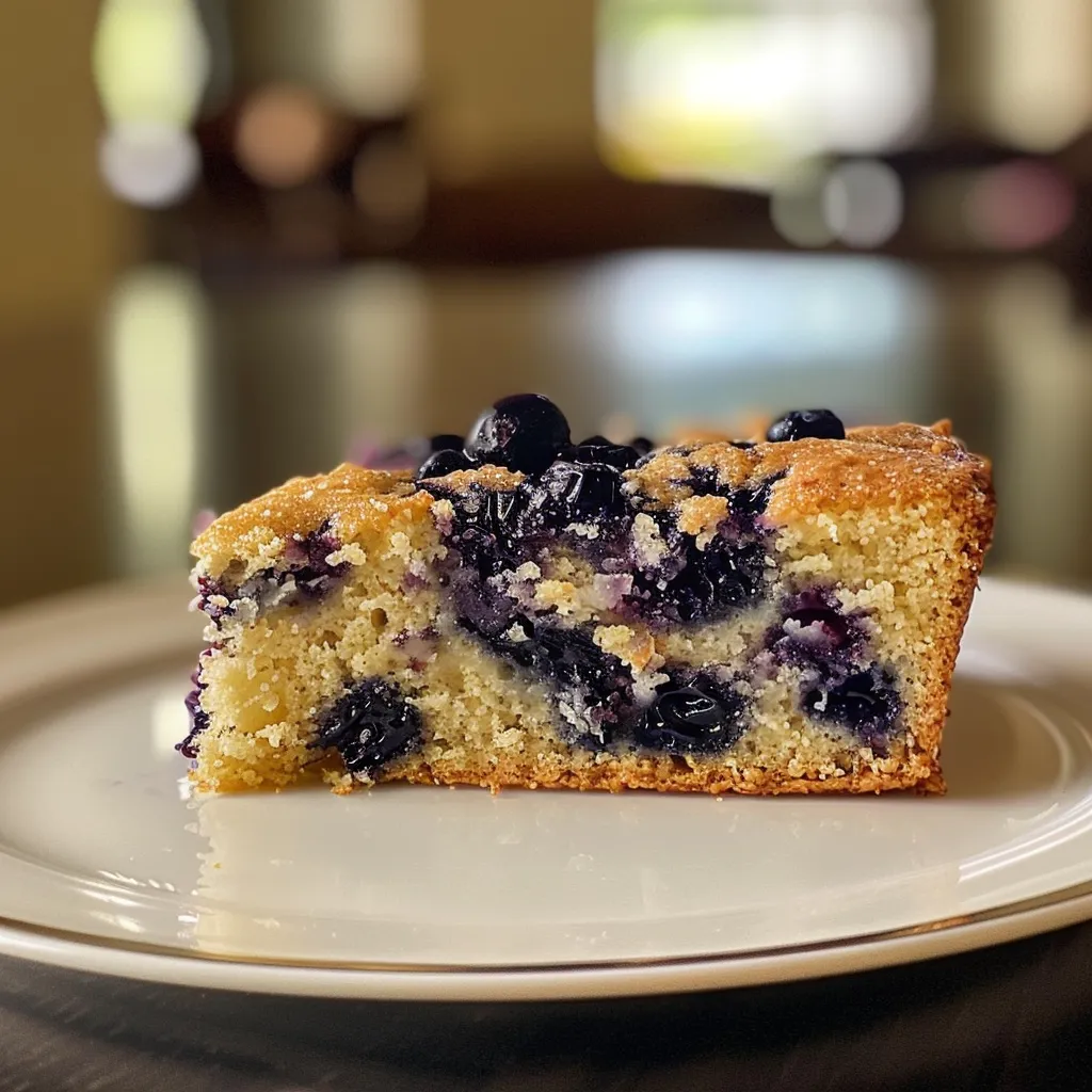 Side view of a moist Blueberry Breakfast Cake with vibrant blueberries visibly embedded in the soft texture.