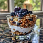 Close-up view of a Blueberry Coconut Almond Yogurt Parfait in a glass, featuring layers of yogurt, blueberries, and granola.