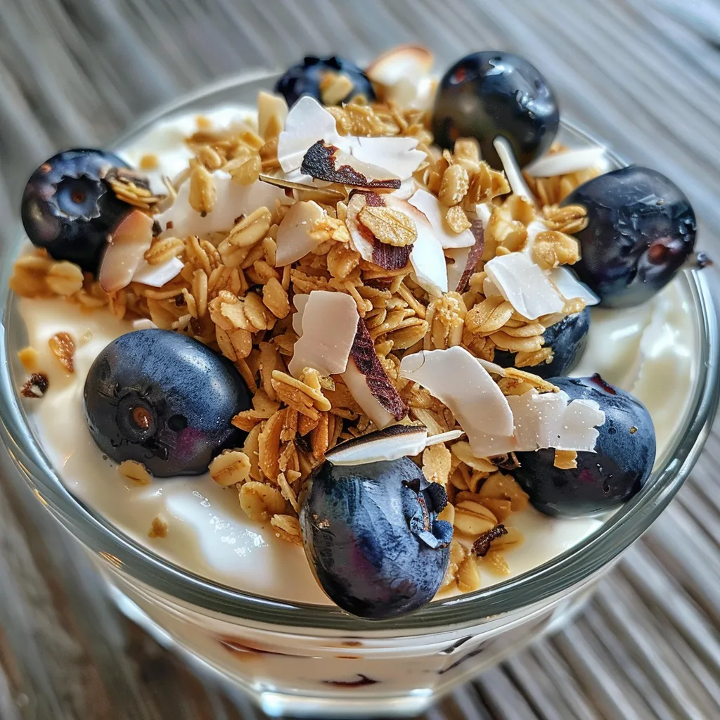 Side view of a yogurt parfait showcasing fresh blueberries, coconut almond granola, and creamy yogurt in a clear glass.