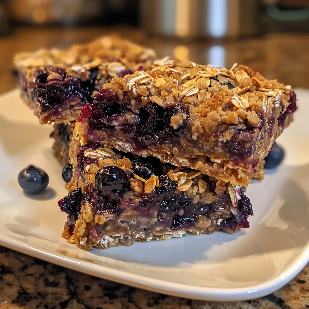 Side view of a freshly baked Blueberry Oat Square, highlighting juicy blueberries and oat crumbles.