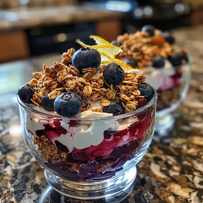 Close-up of a layered blueberry parfait with yogurt and granola.