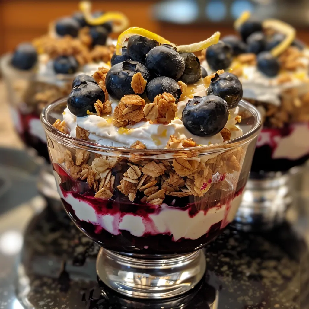 Side view photo of a delicious blueberry parfait showcasing fresh blueberries and yogurt.