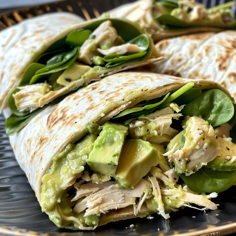 Close-up side view of a Chicken Avocado Wrap filled with chicken, avocado, and greens.