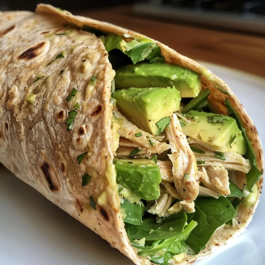 Juicy Chicken Avocado Wrap with Greek yogurt and fresh ingredients, shown from the side.