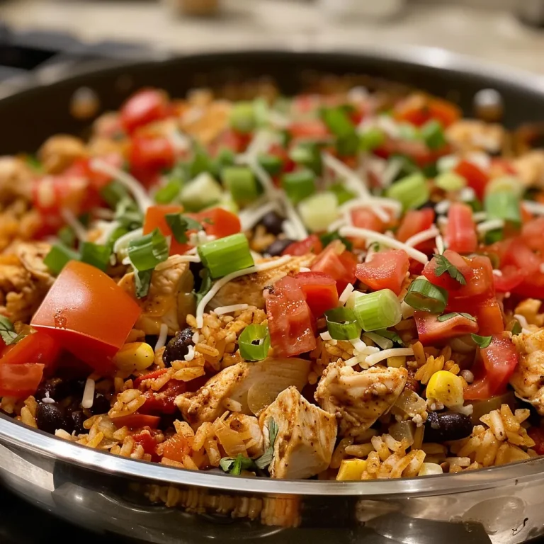 One-Pan Wonder: Whip Up a Chicken Burrito Skillet That Makes Dinner a Breeze Close-up of a Chicken Burrito Skillet with colorful ingredients visible.