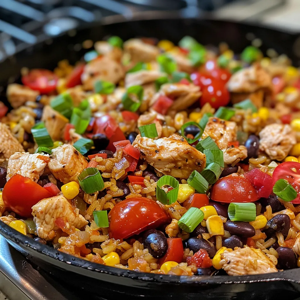 Side view of a Chicken Burrito Skillet filled with chicken, rice, and toppings.