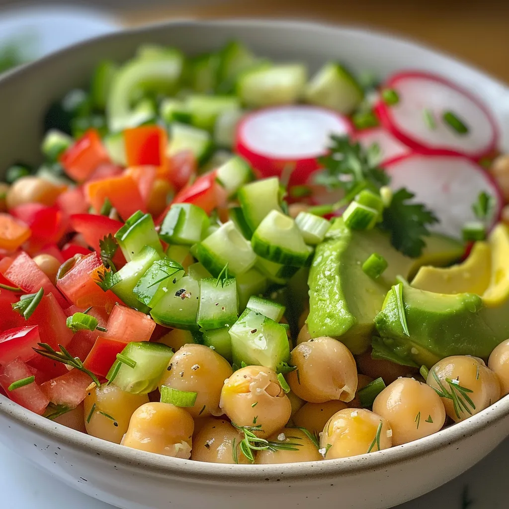 Side angle shot of a colorful bowl filled with Chickpea and Avocado Salad.
