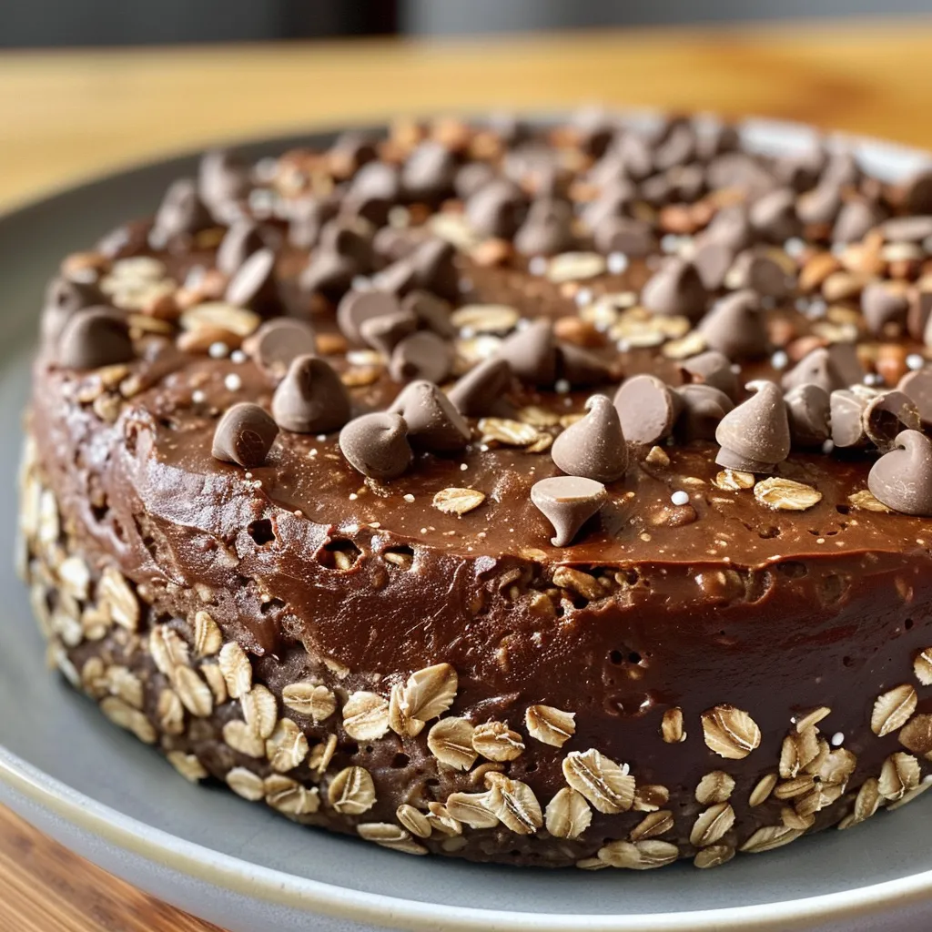 A slice of chocolate oat cake showcasing its rich, dark color and oat texture.