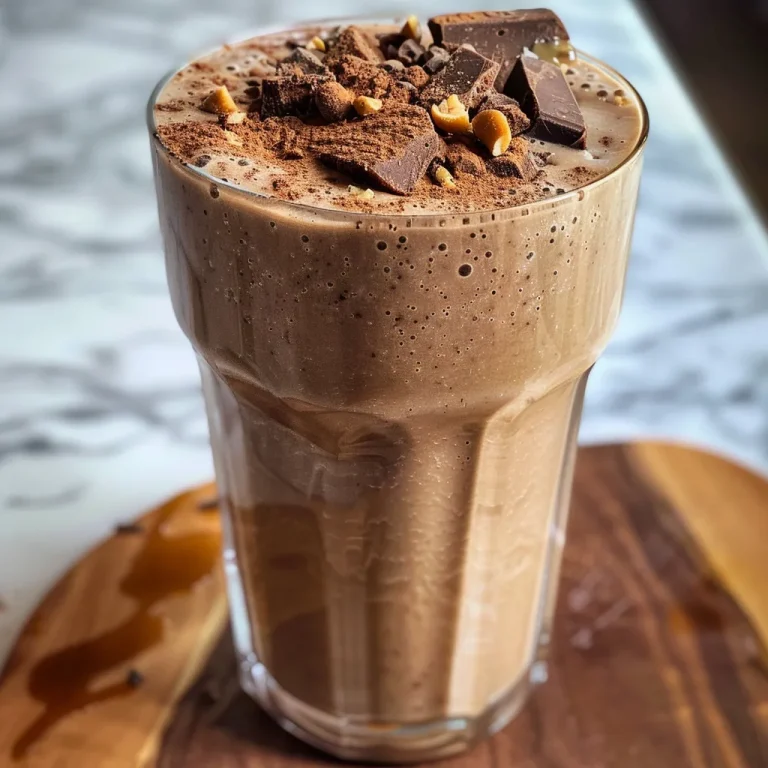 Sip Your Way to Happiness: The Ultimate Chocolate Peanut Butter Banana Smoothie Close-up view of a chocolate peanut butter banana smoothie in a glass, topped with a banana slice.