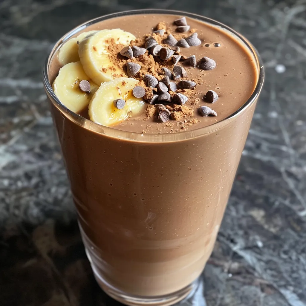Side angle of a creamy chocolate peanut butter smoothie with a straw, garnished with banana.