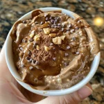 Close-up view of creamy chocolate peanut butter overnight oats in a clear jar.