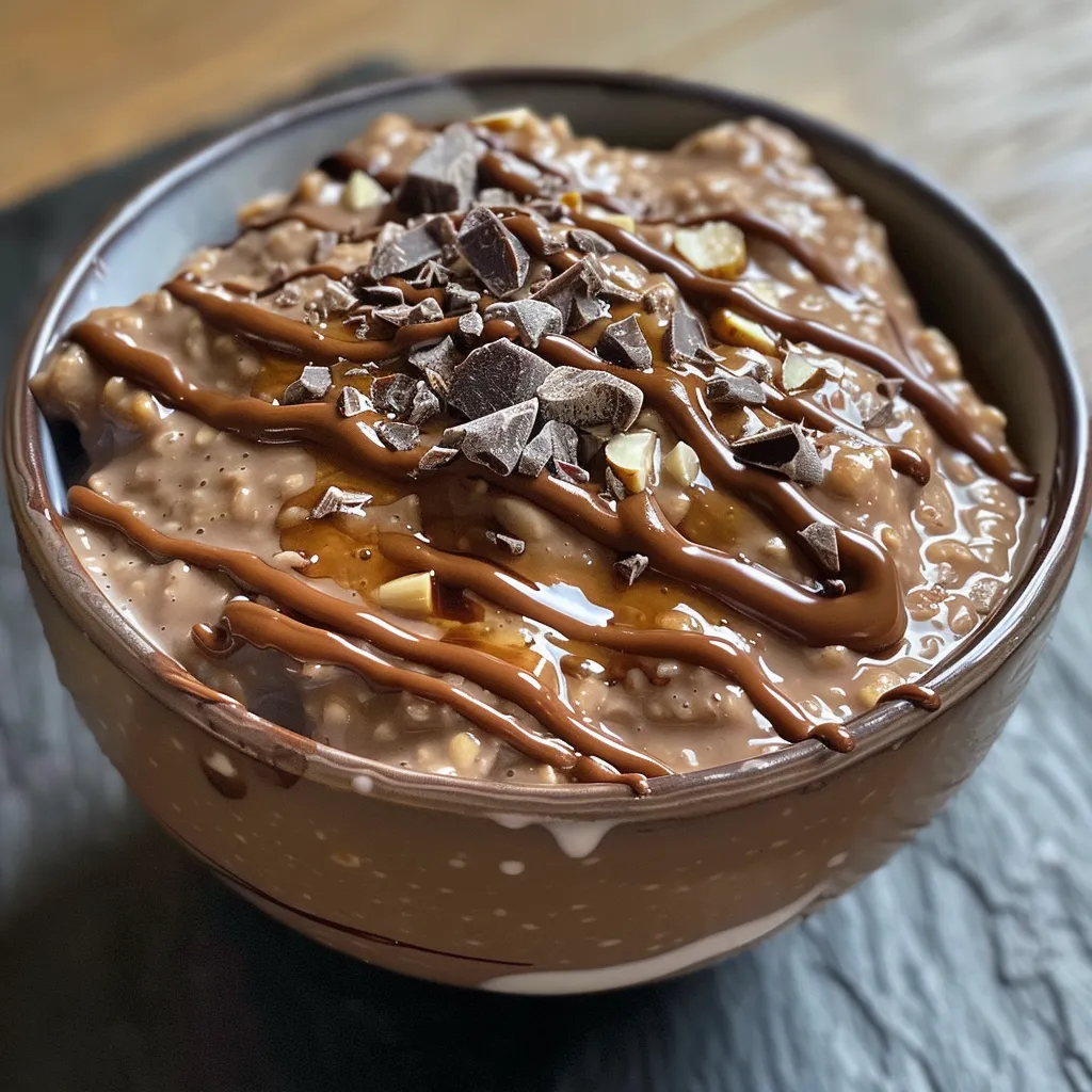 Side view of a glass containing chocolate peanut butter overnight oats topped with chia seeds.