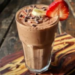 Close-up view of a creamy chocolate strawberry banana smoothie.