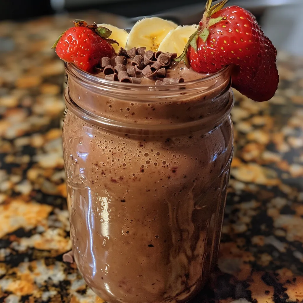 Side view of a delicious smoothie with chocolate, strawberries, and bananas.
