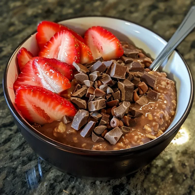 Close-up of chocolate strawberry overnight oats in a glass jar, topped with fresh strawberries.