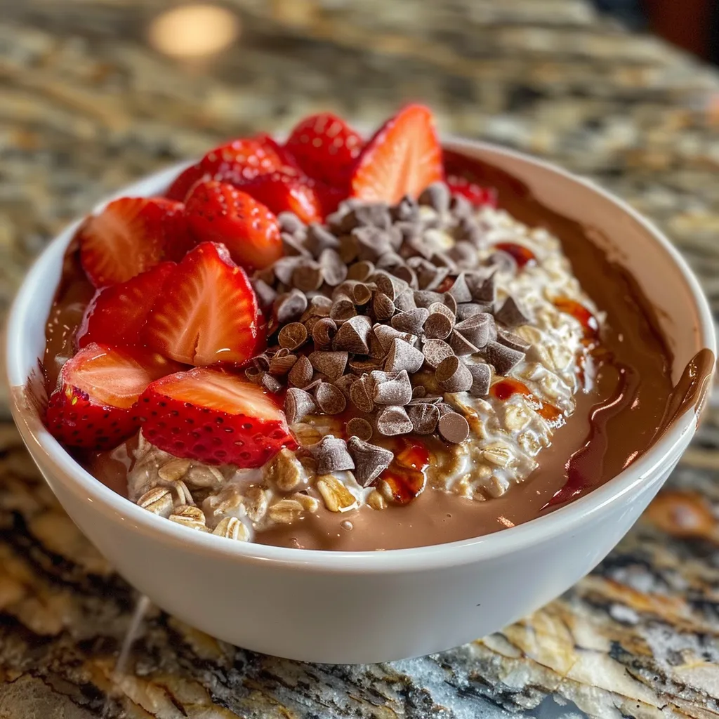 Side view of creamy chocolate strawberry overnight oats served in a bowl, garnished with berries.