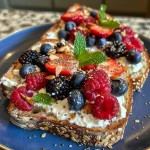 Close-up of Cottage Cheese Berry Toast with fresh mixed berries on whole grain bread.