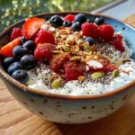 Close-up of a cottage cheese breakfast bowl filled with fresh berries and seeds.