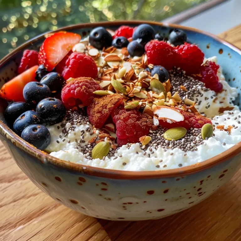 Close-up of a cottage cheese breakfast bowl filled with fresh berries and seeds.