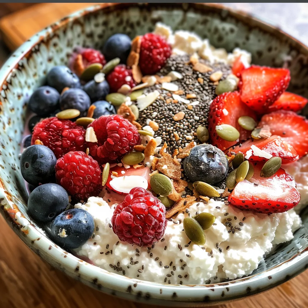 Side view of a cottage cheese dish, topped with berries and sprinkled with seeds.