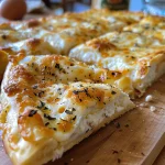 Close-up view of a golden-brown flatbread topped with cottage cheese.