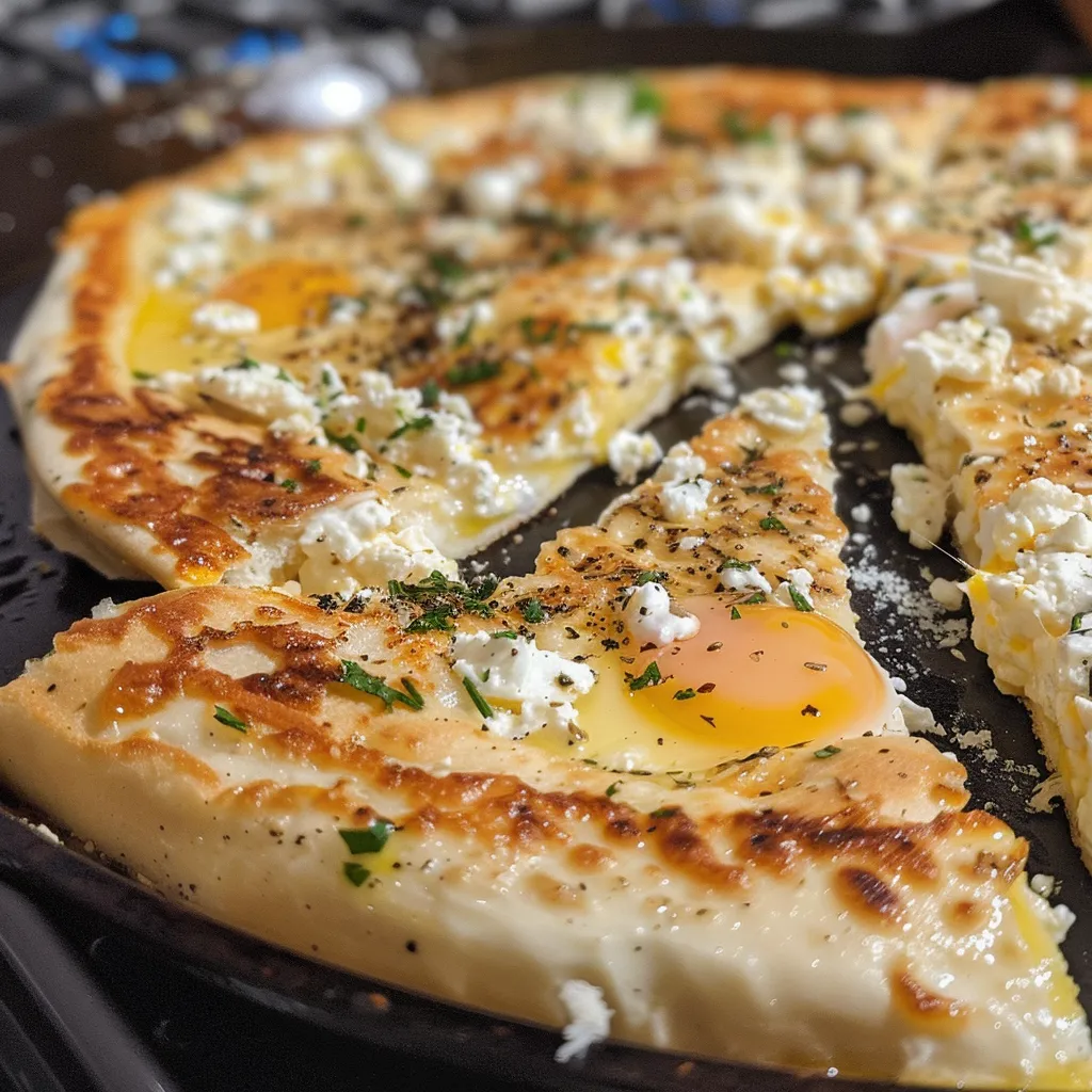 Side perspective of a fluffy flatbread with a creamy cottage cheese filling.