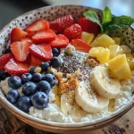 Side view of a colorful fruit bowl featuring cottage cheese topped with strawberries, banana slices, and blueberries.
