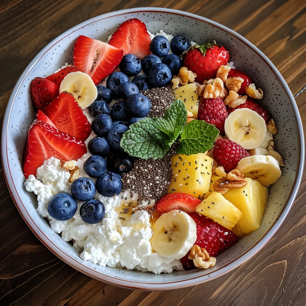 Close-up of a healthy cottage cheese fruit bowl filled with fresh strawberries, bananas, and pineapple chunks.