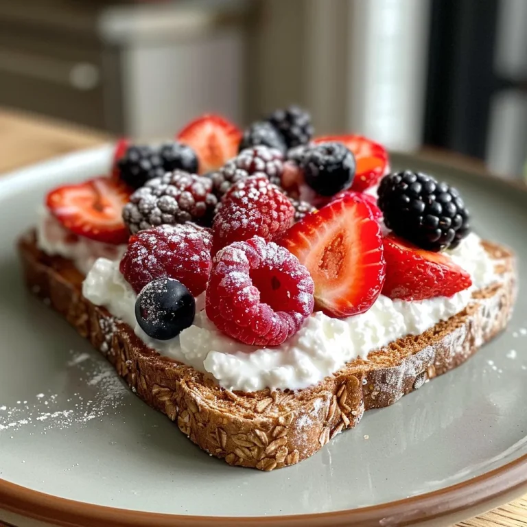 Side view of cottage cheese toast topped with mixed berries and drizzled with honey.