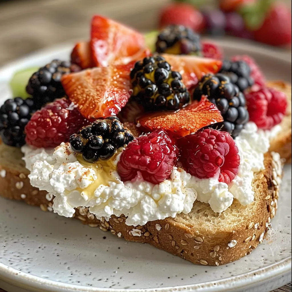 Close-up of a slice of whole-grain toast layered with creamy cottage cheese and fresh berries.