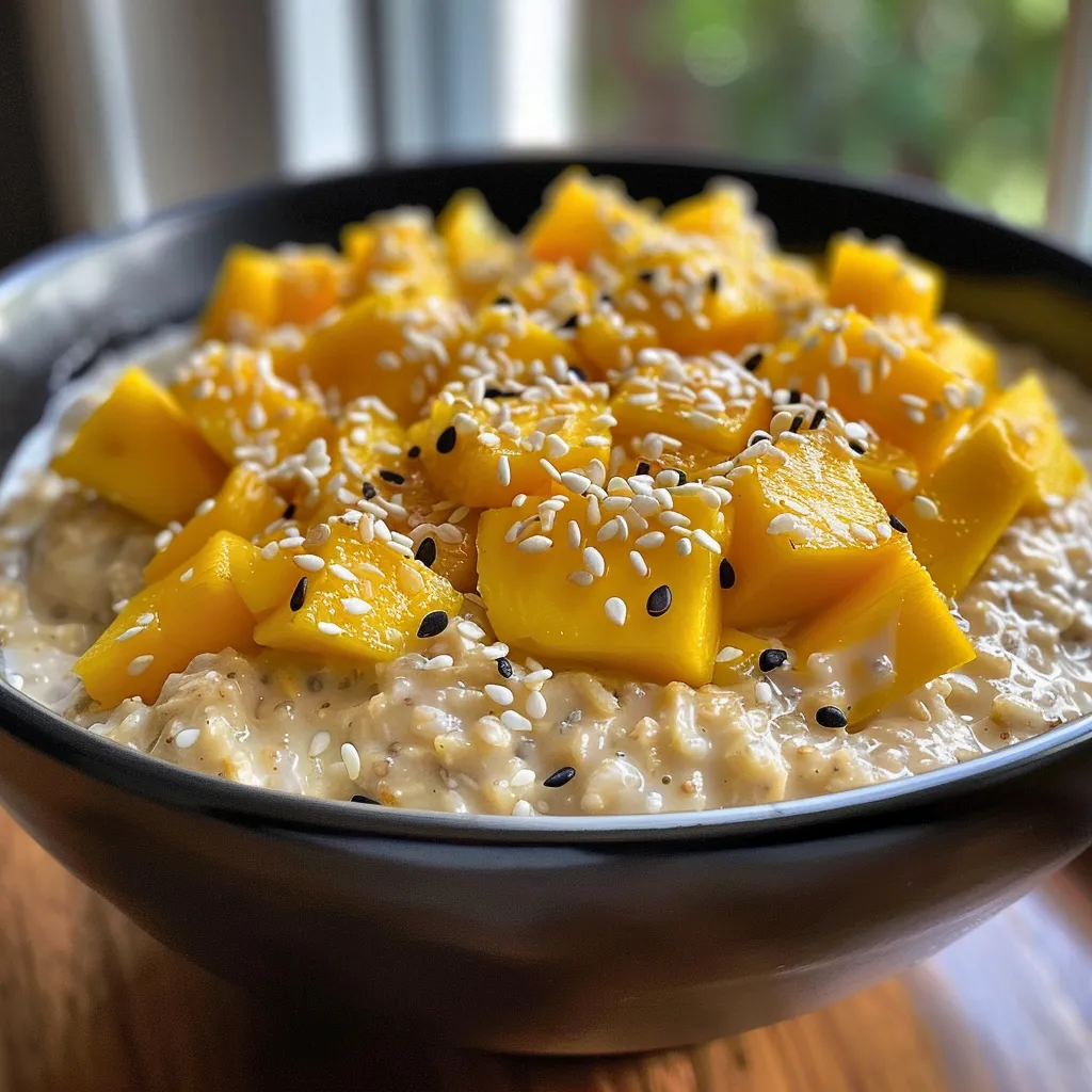 Side angle of a bowl filled with creamy coconut mango oatmeal garnished with sesame seeds and fresh fruit.