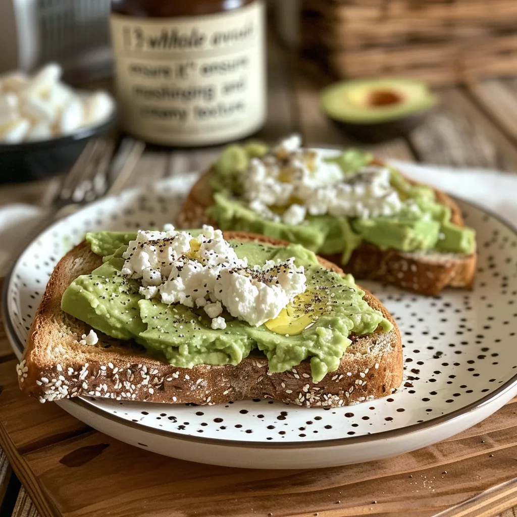 Side view of delicious creamy cottage cheese avocado toast on sourdough bread.