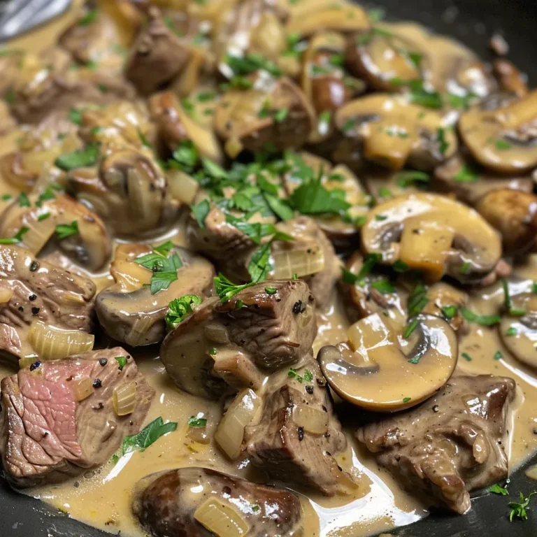 A close-up view of a creamy garlic beef and mushroom skillet dinner, showcasing juicy beef cubes and sliced mushrooms in a rich sauce.