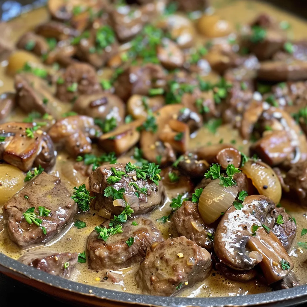 A side angle of a skillet filled with beef, mushrooms, and a creamy garlic sauce, garnished with fresh parsley.