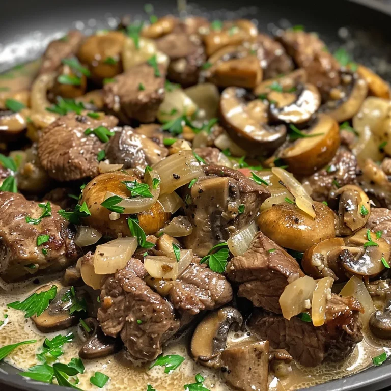 Close-up of a creamy garlic beef and mushroom skillet dinner with vibrant colors.
