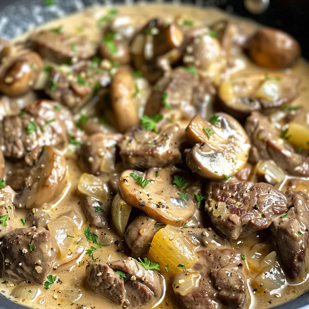 Side view of a luscious creamy beef and mushroom dish garnished with fresh parsley.