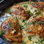 Close-up view of a creamy garlic butter chicken skillet with juicy chicken breasts and rich sauce.