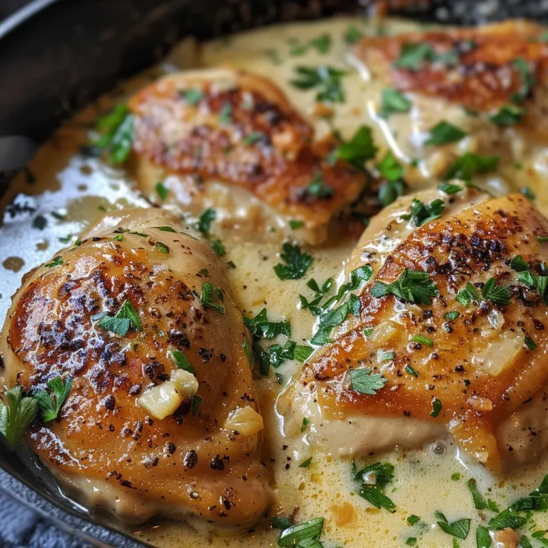 One-Pan Wonder: Whip Up a Creamy Garlic Butter Chicken Skillet Tonight! Close-up view of a creamy garlic butter chicken skillet with juicy chicken breasts and rich sauce.