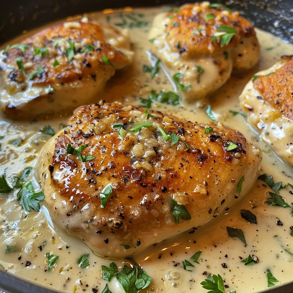 Side view of a delicious creamy garlic butter chicken dish, showcasing the golden-brown chicken and creamy sauce.