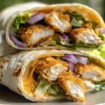 Close-up view of a folded wrap filled with creamy hot honey chicken and fresh ingredients.